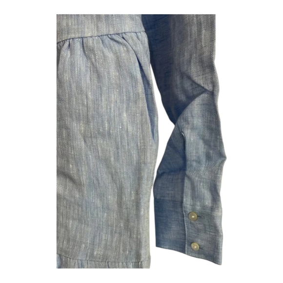 New Alice Walk Band Collar Long Sleeve Linen Tiered Chambray Cottagecore Dress L - Picture 6 of 6